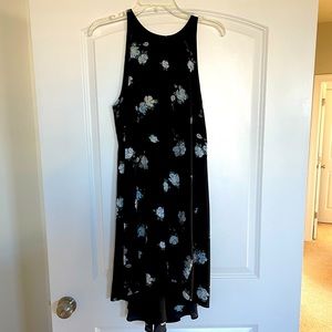 Black dress with blue florals, high neck, size medium.